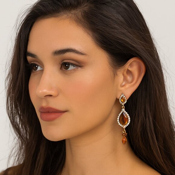 Amber Teardrop Crystal Earrings Gold Tone Rhinestone Dangle Statement Jewellery - Picture 5 of 5